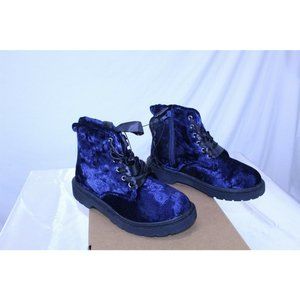 Girls Combat Boots Side Zip & Lace Up Blue Crushed